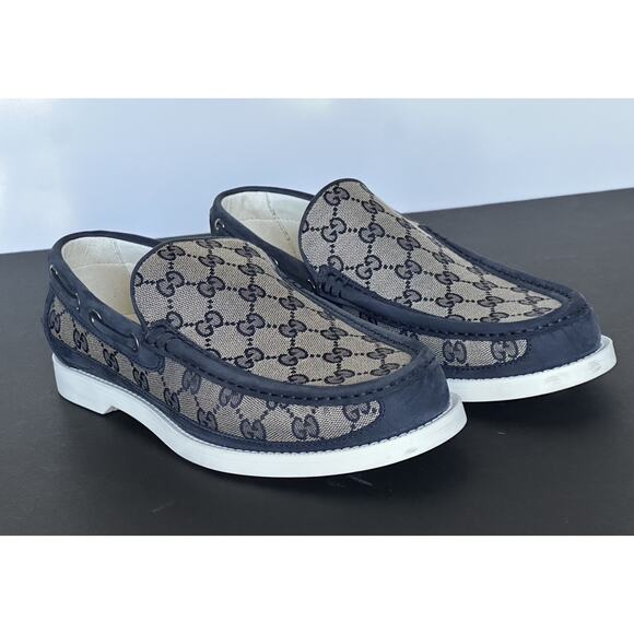 Gucci Men’s GG Leather/Canvas Boat Shoes Beige/Blue 9.5 (Gucci 9) 786485 IT NIB main image 13